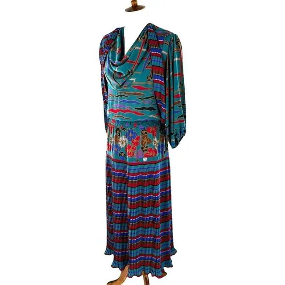 Vintage 80´s Diane Freis Teal/Multicolor Mix Print Pleated Midi Dress L/XL Dresses